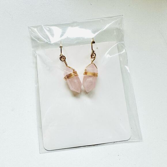 Rose Quartz Gold Handmade Boho Gemstone Crystal Hoop Earrings Hoops Jewelry - Picture 6 of 10